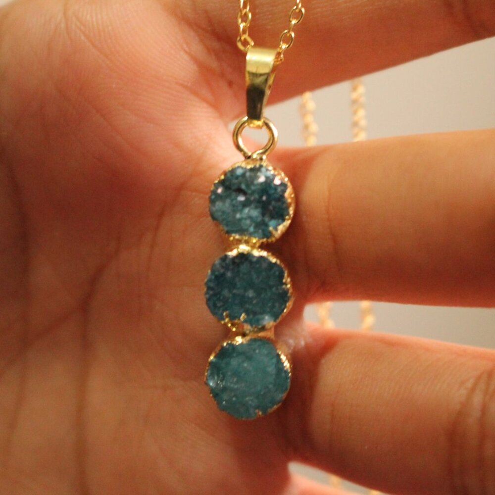 Triple Aqua Druzy Gemstone Pendant Necklace – Gold Trim Sparkling Statement Piec - Picture 4 of 5